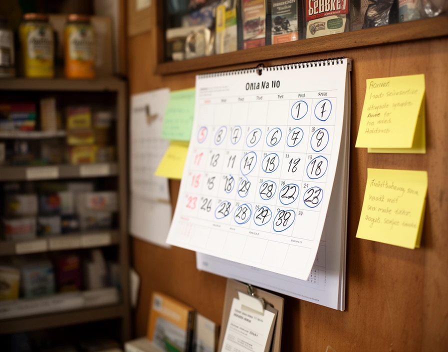 Calendario de pared con días marcados en azul