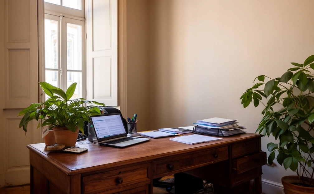 Oficina chica con escritorio, carpetas y ventana alta